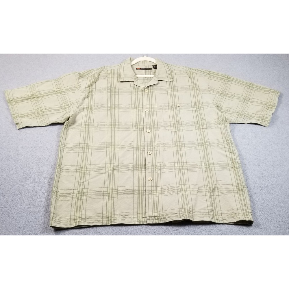 Pierre Garcia Button Up Shirt Men 3XL XXXL Green Plaid Linen Short Sleeve Casual